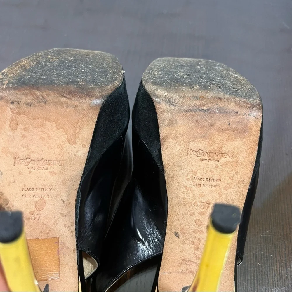 YSL Patent & Calf Leather peep toe sling back pumps 37 GUC sexy chic vintage